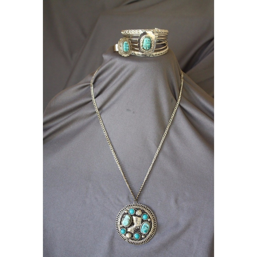 Vintage Set 3 Egyptian Revival  Scarab Faux Turquoise Necklace Cuff Ring
